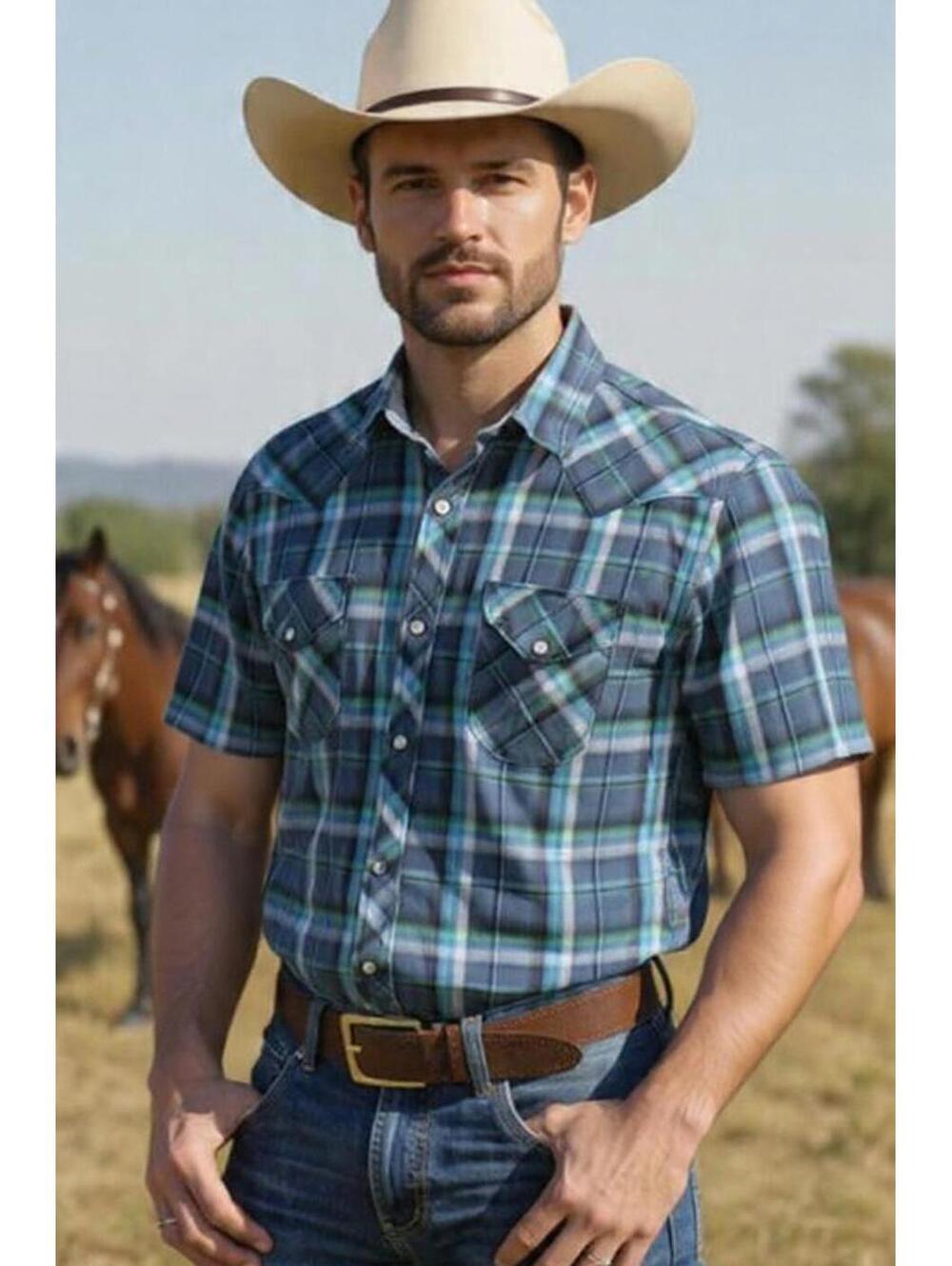 Men's Roebuck & Co Blue and Green Plaid western shirt pearl snap Size Medium